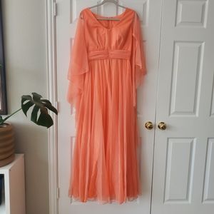 Vintage Coral Orange Formal Dress with Winged Sheer Sleeves